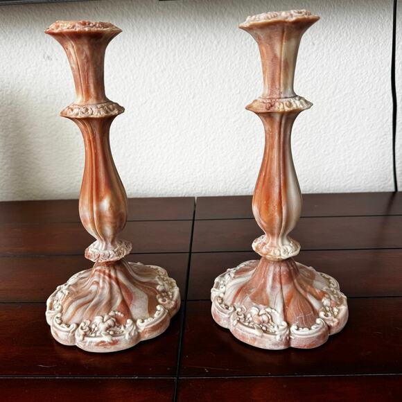VTG Genuine Handcrafted Incolay Stone Peachy Pink White Swirl MCM 2 Candlesticks - Picture 1 of 13